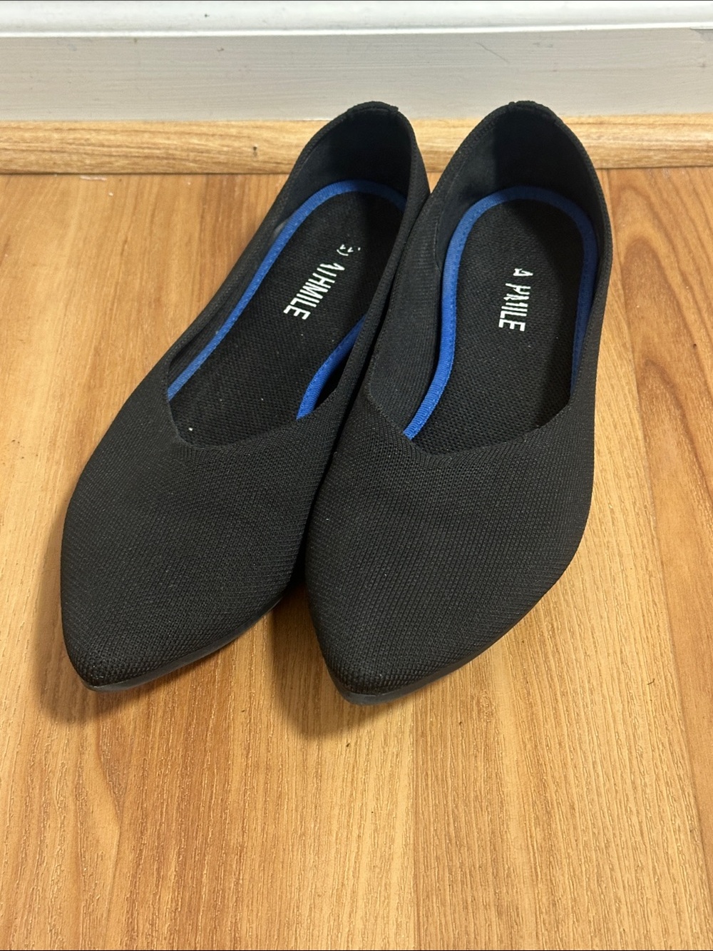 Black Pointed Flats with Blue Insole Accent